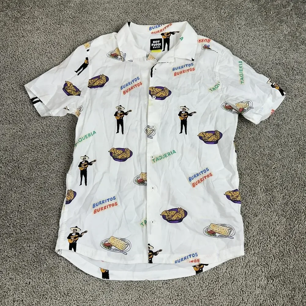 RVCA Hot Fudge Shirt Mens Large White Burritos Taqueria Short Sleeve Button Up - Picture 2 of 13